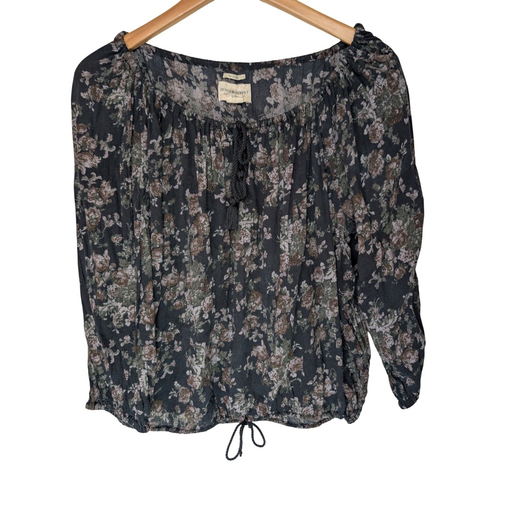 Denim & Supply Ralph Lauren Floral Peasant Blouse Black Boho Tassel Top Medium - Picture 1 of 8
